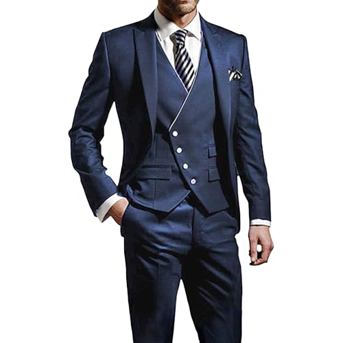 Generic Herren Business Formal Smoking Anzüge Slim Fit Solid Blazer Jacke Weste Hose Hochzeit Formal Prom 3 Stück Anzug Set (Dunkelblau,3XL) von Generic