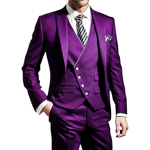Herren Business Formal Smoking Anzüge Slim Fit Solid Blazer Jacke Weste Hose Hochzeit Formal Prom 3 Stück Anzug Set (Lila,4XL) von Generic