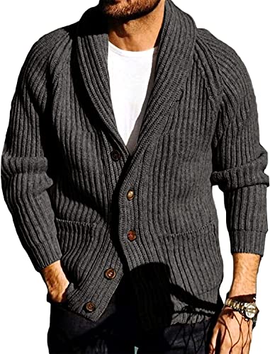 Herren Cardigan Strickjacke Schalkragen Lose Grobstrick Kabelstrick V Ausschnitt Strickwaren Oberbekleidung Herren Lässige Oberbekleidung (Color : DARK GREY, Einheitsgröße : XXL) von Generic