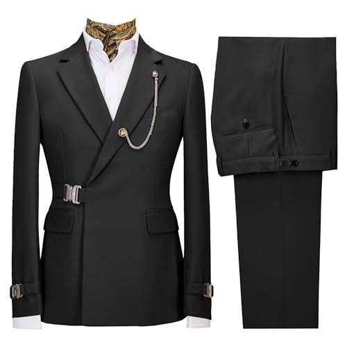 Herren Casual 2 Stück Bräutigam Anzüge Kerbe Revers Business Casual Blazer Hosen Slim Formal Hochzeit Prom Tuxedo Anzüge (Schwarz,XS) von Generic