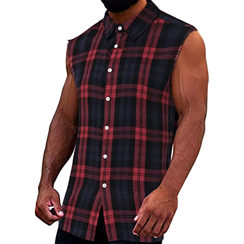 Herren Checkshirt Sleeveless Hemd Kariert Ärmellose Hemden Regular fit Flanellhemd Männer Sommer Baumwollhemd T-Shirt Tank Tops Freizeithemd von Generic