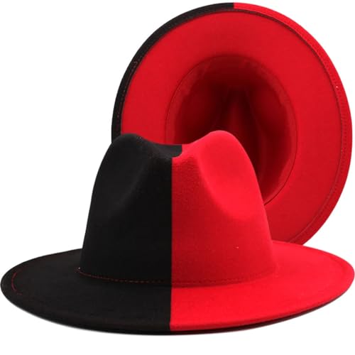 Herren Damen Schwarz Weiß Patchwork Wollfilz Jazz Fedora Hut Unisex Breite Krempe Party Trilby Cowboy Cap Hochzeit, Rot, schwarz, Einheitsgröße von Generic