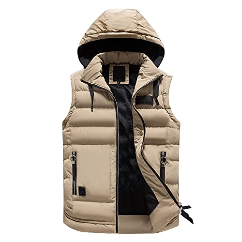 Herren Daunenweste Stehkragen Steppweste mit Abnehmbare Kapuze Männer Bodywarmer Sportweste Outdoor Freizeitjacke Leicht Übergangsjacke Vest Ärmellose Jacket Kapuzenweste Winterweste (Khaki, XL) von Generic