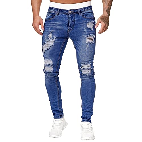 Herren Destroyed Stretch Jeans Coole Mode Jeanshose Skinny Ripped Slim Fit Hip Hop Hose Mit Löchern Für Männe Reißverschluss Jeans Party Freizeithose Leicht Lockere Atmungsaktiv Sommerhose von Generic