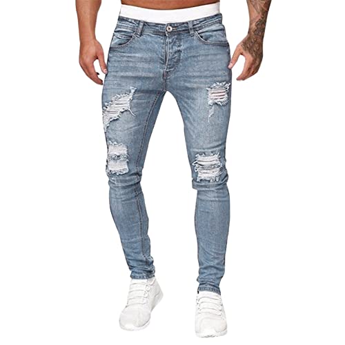 Herren Destroyed Stretch Jeans Coole Mode Jeanshose Skinny Ripped Slim Fit Hip Hop Hose Mit Löchern Für Männe Reißverschluss Jeans Party Freizeithose Leicht Lockere Atmungsaktiv Sommerhose von Generic