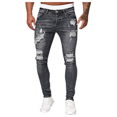 Herren Destroyed Stretch Jeans Coole Schwarze Mode Jeans Skinny Ripped Slim Fit Hip Hop Hose Mit Löchern Für Männer Reißverschluss Jeans Party Freizeithose (Grau, L) von Generic