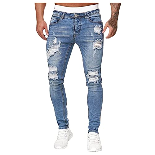 Herren Destroyed Stretch Jeans Coole Schwarze Mode Jeans Skinny Ripped Slim Fit Hip Hop Hose Mit Löchern Für Männer Reißverschluss Jeans Party Freizeithose (Hellblau, S) von Generic