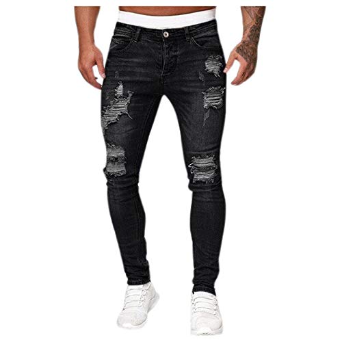 Herren Destroyed Stretch Jeans Coole Schwarze Mode Jeans Skinny Ripped Slim Fit Hip Hop Hose Mit Löchern Für Männer Reißverschluss Jeans Party Freizeithose (Schwarz, L) von Generic