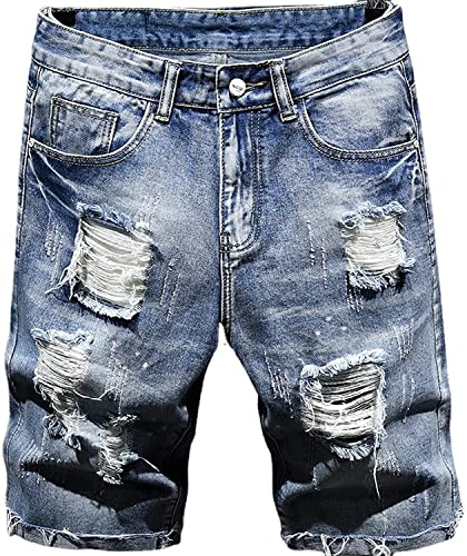 Herren Destroyed Stretch Jeans Shorts Zerrissene Chic Distressed Denim Kleidung Shorts Hip Hop Slim Fit Lässige Sommer Kurze Hose (Color : Hellblau, Einheitsgröße : 32W) von Generic