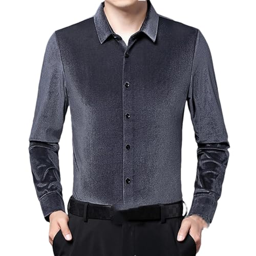 Herren Einfarbig Velours Langarm Hemd Winter Slim Casual Button Up Kleid Hemd, Grau, 4X-Groß von Generic