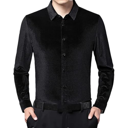 Herren Einfarbig Velours Langarm Hemd Winter Slim Casual Button Up Kleid Hemd, Schwarz, 4X-Groß von Generic