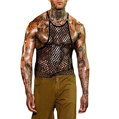 Herren Fischnetz Tank Top Männer Netzhemd Netz Unterhemd Fischnetz Tailliert Netzshirt Schwarze Netz Muskelshirt Transparent Tank Top Shirts Langarm von Generic