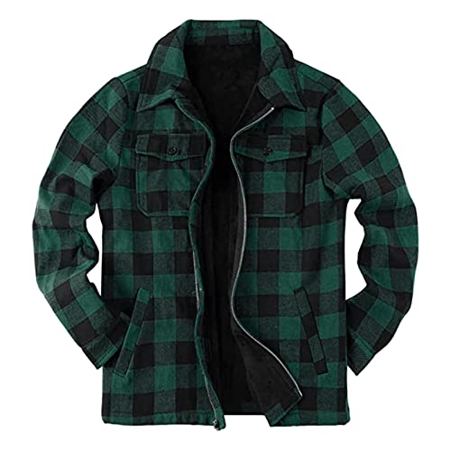 Herren Flanelljacke Jacke Kariert Flanellhemd Karohemd Thermohemd mit Reißverschluss Fleece Gefüttert Winterjacke (Grün, L) von Generic