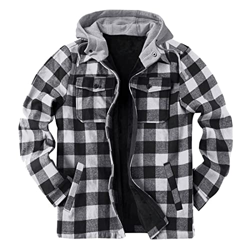 Herren Flanelljacke Karo Jacke Kariert Flanellhemd Karohemd Thermohemd mit Reißverschluss Mikro Fleece Gefüttert Winterjacke mit Kapuze (Grau, L) von Generic