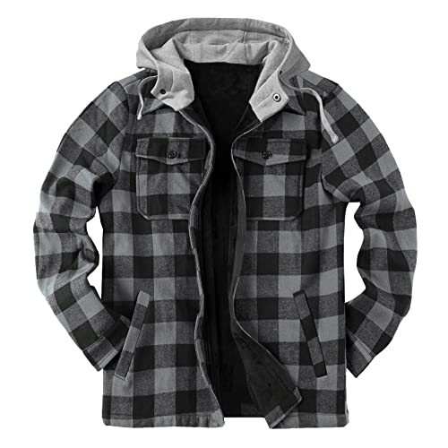 Herren Flanelljacke Karo Jacke Kariert Flanellhemd Karohemd Thermohemd mit Reißverschluss Mikro Fleece Gefüttert Winterjacke mit Kapuze (Schwarz, XXL) von Generic