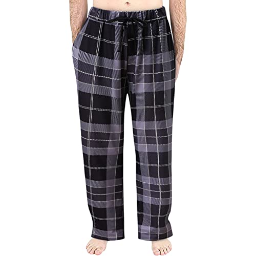 Herren Fleece Pyjamahose Relaxed Fit LoungeHose Herren Schlafanzughose Lang Baumwolle Karierte Schlafhose Pyjamaunterteil Pyjamahose Freizeithose Loungehose für Männer (YYD-Black, XL) von Generic