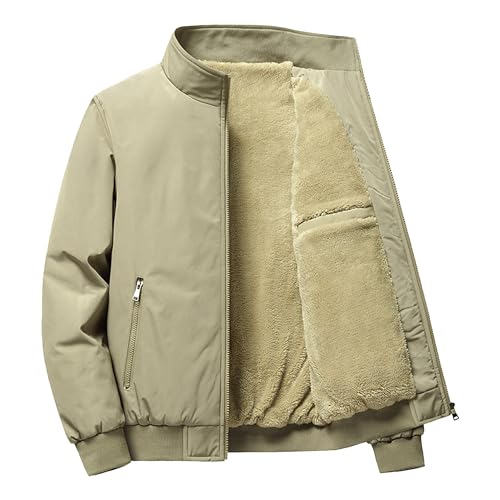 Herren Fleece-gefütterte lässige Bomberjacken Dicke warme Baumwolljacke mit durchgehendem Reißverschluss Winddichte Sherpa-Mäntel Windbreaker (Khaki,L) von Generic