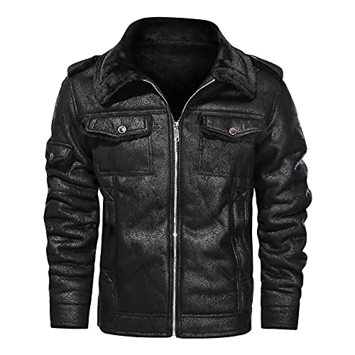 Herren Fliegerjacke L eder Gefüttert Teddy-Fleece Kunstleder Bomberjacke Pilotenjacke Lederjacke Cargo Militär Pilot Winter Jacke Softshelljacke Übergangs Bikerjacke (Black #2, M) von Generic