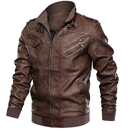 Herren Fliegerjacke L eder Gefüttert Teddy-Fleece Kunstleder Bomberjacke Pilotenjacke Lederjacke Cargo Militär Pilot Winter Jacke Softshelljacke Übergangs Bikerjacke (Brown #1, XL) von Generic