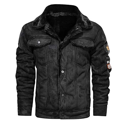 Herren Fliegerjacke Leder Gefüttert Teddy-Fleece Kunstleder Bomberjacke Pilotenjacke Lederjacke Cargo Militär Pilot Winter Jacke Softshelljacke Übergangs Bikerjacke (Black, XL) von Generic