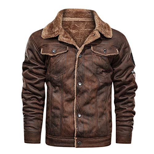 Herren Fliegerjacke Leder Gefüttert Teddy-Fleece Kunstleder Bomberjacke Pilotenjacke Lederjacke Cargo Militär Pilot Winter Jacke Softshelljacke Übergangs Bikerjacke (Brown, XXL) von Generic