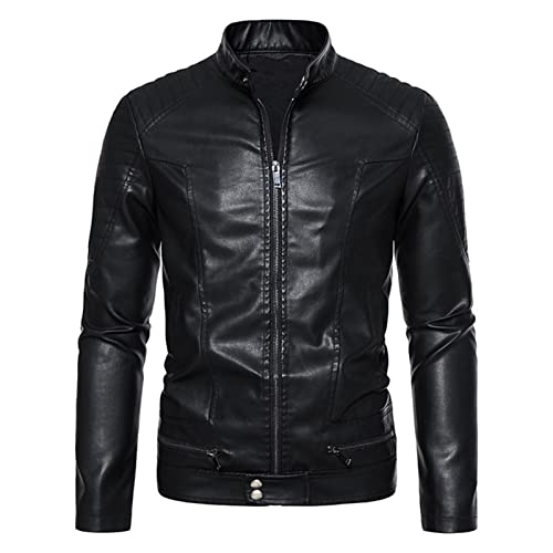 Herren Frühjahr und Herbst einfarbig Reißverschluss PU Lederjacke kurzes Motorrad Lederjacke Mantel Outdoorjacke Herren Winter (Black, XXXL) von Generic