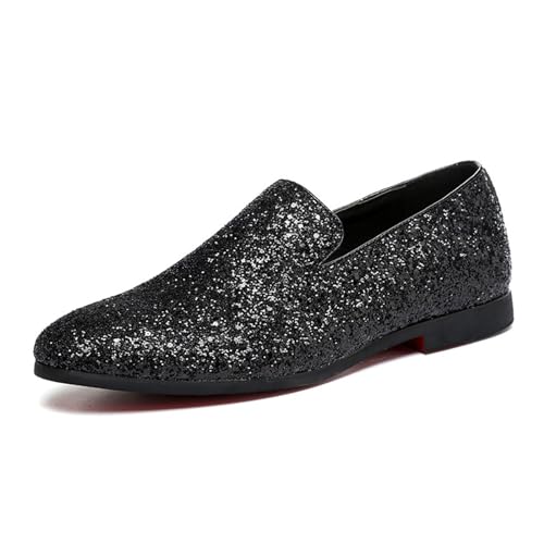 Herren Glitter Loafers Kleid Slip Auf Party Hochzeit Penny Rauchen Sparkly Schuhe,Black 1,45 EU von Generic