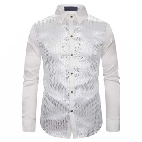 Herren Glitzer Hemd Metallic Glänzend Langarm Retro Party Hemd 70er Disco Kostüm Disco Hemd mit Rüschen Fasching Oberteile Pailletten Shirt Party Langarm Hemd Mottoparty Karneval von Generic