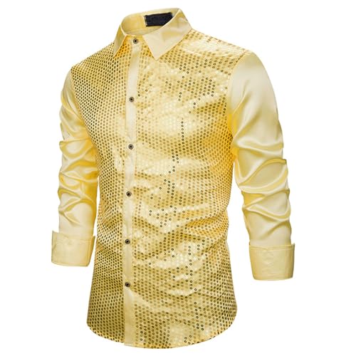 Herren Glitzer Hemd Metallic Glänzend Langarm Retro Party Hemd 70er Disco Kostüm Disco Hemd mit Rüschen Fasching Oberteile Pailletten Shirt Party Langarm Hemd Mottoparty Karneval von Generic