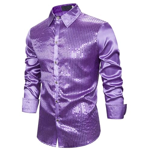 Herren Glitzer Hemd Metallic Glänzend Langarm Retro Party Hemd 70er Disco Kostüm Disco Hemd mit Rüschen Fasching Oberteile Pailletten Shirt Party Langarm Hemd Mottoparty Karneval von Generic