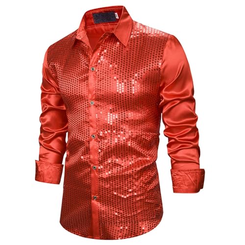 Herren Glitzer Hemd Metallic Glänzend Langarm Retro Party Hemd 70er Disco Kostüm Disco Hemd mit Rüschen Fasching Oberteile Pailletten Shirt Party Langarm Hemd Mottoparty Karneval von Generic