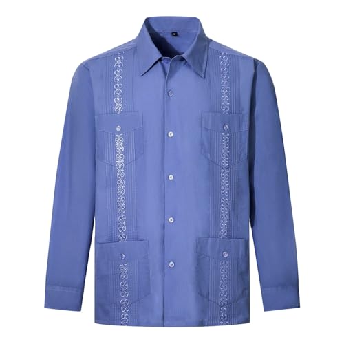 Herren Guayabera Langarm Button Up Cuban Beach Casual Besticktes Oberhemd Dunkelblau Hemd Herren Kariert Herren von Generic