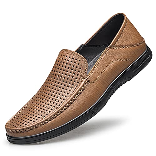 Herren Halbschuhe Atmungsaktive Einfache Mokassins Schuhe Leder Leicht Flacher Absatz Flexible Mode Prom Slip On(Yellow Perforated,38 EU) von Generic