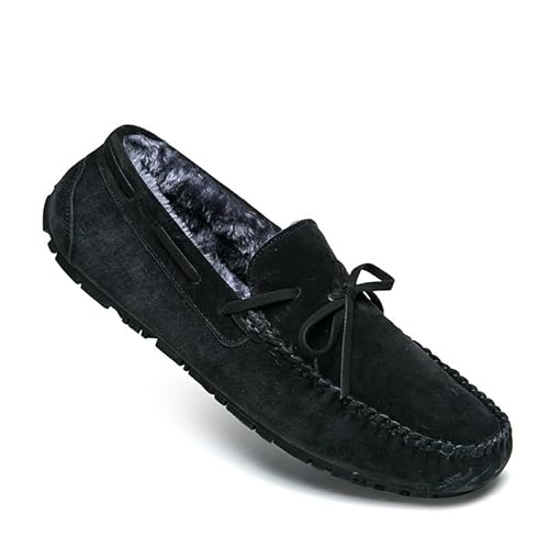 Herren Halbschuhe Wildleder Kunstfell Futter Bootsschuhe Bequem Leicht Anti-Rutsch Prom Slip-ons(Black Lined,44.5 EU) von Generic