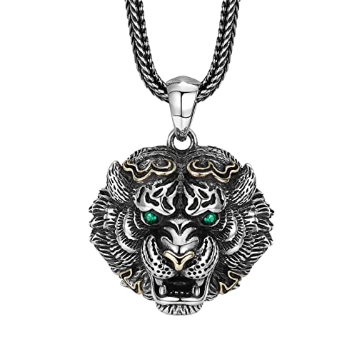 Herren Halskette mit Tigerkopf-Anhänger, Viking Gothic Tiger Head S925 Sterling Silber Halskette mit Anhänger, Silber, Anhänger + Kette 50 cm von Generic