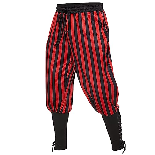 Herren Haremshose Lang Fitnesshose Fitness Hose Gestreift Retro-Stil Schnürung Herren Sport-Hose mit Streifen Verschärfen Hosenbein Jogginghose Traninigshose Rot L von Generic