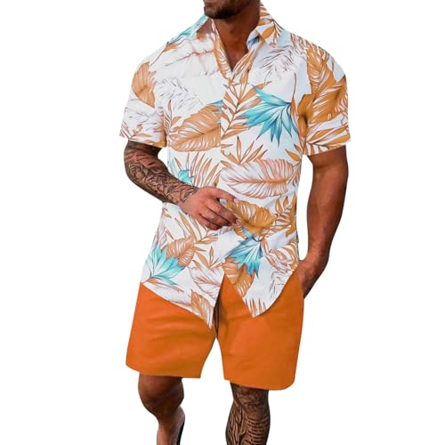 Herren Hawaiihemd und Kurze Hose Set Blume 2-teiliges Strandhemd Bügelfrei Button Down Kurzarm Hawaii Shirt und Shorts Faltenfrei Urlaub Hemd Set Funky Freizeit Hawaiihemd Strand von Generic