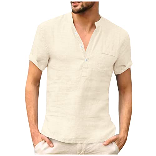 Herren Hemd Kurzarm Leinenhemd Regular Fit Sommerhemd Freizeit Stehkragen Baumwoll Leinen Henley Shirt Hereen Leinenshirt Mens Unique Leinen Tshirt,Hemd Herren Slim fit，Y-Khaki，L von Generic