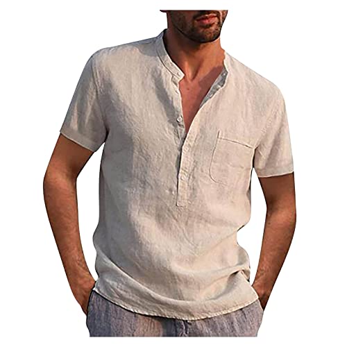 Herren Hemd Kurzarm Leinenhemd Regular Fit Sommerhemd Freizeit Stehkragen Baumwoll Leinen Leinen Henley Shirt Langarm Hippie Casual Beach T-Shirts (as3, Alpha, 3X_l, Regular, Regular, Khaki 1) von Generic