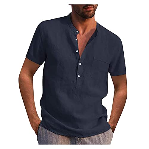 Herren Hemd Kurzarm Leinenhemd Regular Fit Sommerhemd Freizeit Stehkragen Baumwoll Leinen Leinen Henley Shirt Langarm Hippie Casual Beach T-Shirts (as3, Alpha, 3X_l, Regular, Regular, Navy 1) von Generic