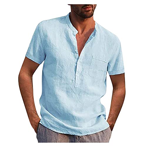 Herren Hemd Kurzarm Leinenhemd Regular Fit Sommerhemd Freizeit Stehkragen Baumwoll Leinen Leinen Henley Shirt Langarm Hippie Casual Beach T-Shirts (as3, Alpha, l, Regular, Regular, Blau 1) von Generic