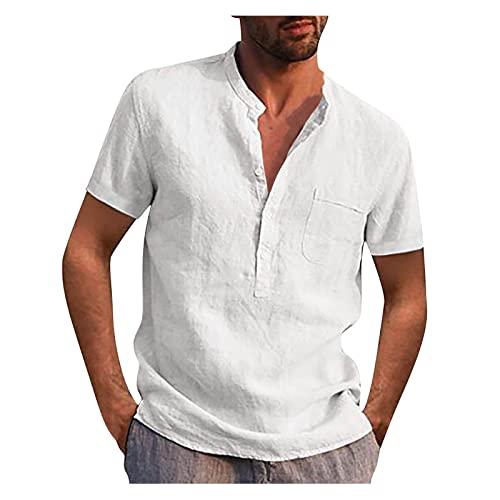 Herren Hemd Kurzarm Leinenhemd Regular Fit Sommerhemd Freizeit Stehkragen Baumwoll Leinen Leinen Henley Shirt Langarm Hippie Casual Beach T-Shirts (as3, Alpha, xx_l, Regular, Regular, weiß 1) von Generic