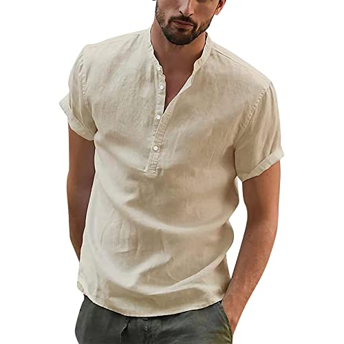 Herren Hemd Kurzarm Leinenhemd Regular Fit Sommerhemd Freizeit Stehkragen Baumwoll Leinen Leinen Henley Shirt Langarm Hippie Casual Beach T-Shirts für Männer, Khaki, L von Generic