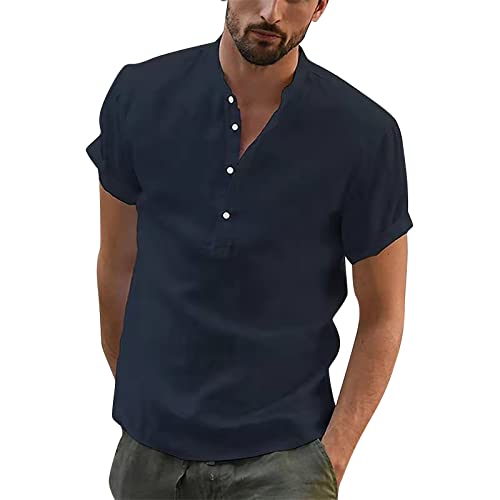 Herren Hemd Kurzarm Leinenhemd Regular Fit Sommerhemd Freizeit Stehkragen Baumwoll Leinen Leinen Henley Shirt Langarm Hippie Casual Beach T-Shirts (as3, Alpha, m, Regular, Regular, Dunkelblau) von Generic