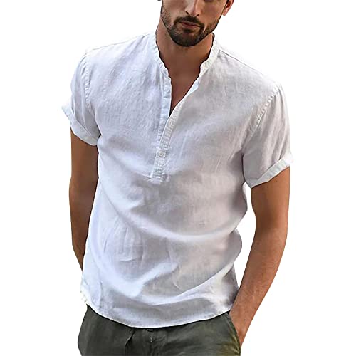 Herren Hemd Kurzarm Leinenhemd Regular Fit Sommerhemd Freizeit Stehkragen Baumwoll Leinen Leinen Henley Shirt Langarm Hippie Casual Beach T-Shirts für Männer von Generic