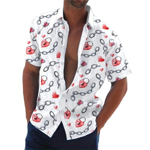 Herren Hemd Kurzarm -Valentinstag Shirt Hemden Freizeithemd Regular-Fit Freizeithemden für Männer Party Strand Sommerhemd mit Knöpfen Hawaiihemd Valentine's Day Shirt Herz Muster Rosa von Generic