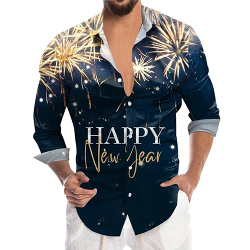 Herren Hemd Langarm -Freizeithemd Regular Fit Shirt Hemden Knopf Shirts HAPPY NEW YEAR 3D-Drucken Langarmhemd Stehkragen Freizeithemden für Männer Party Freizeit Sommerhemd von Generic