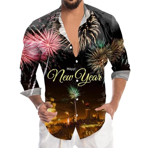 Herren Hemd Langarm -Freizeithemd Regular Fit Shirt Hemden Knopf Shirts HAPPY NEW YEAR 3D-Drucken Langarmhemd Stehkragen Freizeithemden für Männer Party Freizeit Sommerhemd von Generic