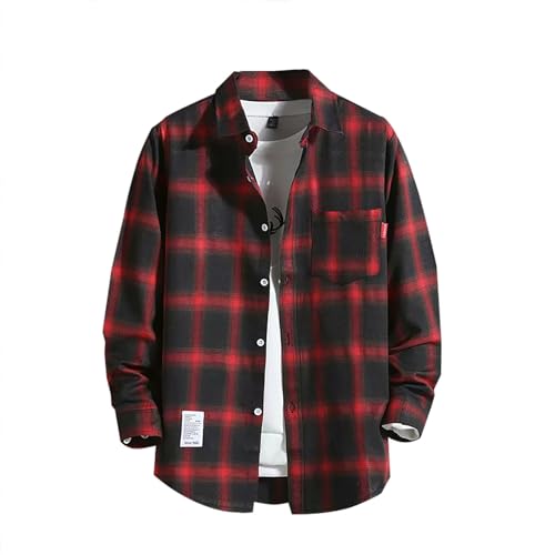 Herren Hemd Langarm Freizeithemd mit Tasche Arbeitshemd Herrenhemd Langarm Langarm Holzfäller Jacke Hemdjacke Langarm Kariertes Hemd Schwarz Übergröße Flanell Jacke Rot Karo Slim Fit Holzfällerhemd von Generic