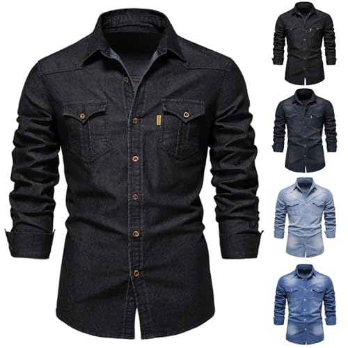 Herren Hemd Langarm Jeanshemd Denim Shirt Langarmhemd Cowboy-Style Freizeit Hemd männer Kent-Kragen Business Casual von Generic
